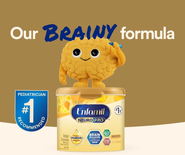Brainy on top of a tub of Enfamil Infant NeuroPro formula, with Pediatrician #1 Recommended