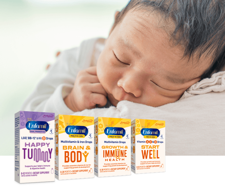 Baby Vitamins and Probiotics lineup, baby sleeping on parent's shoulder