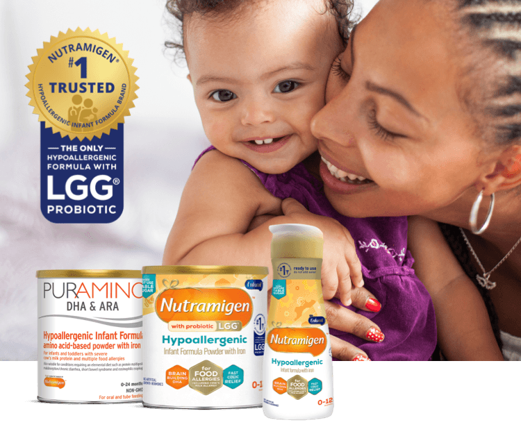 Hypoallergenic Baby Formulas Nutramigen #1 Trusted Hypoallergenic Infant Formula Brand - The only hypoallergenic formula with LGG probiotic, Mom smiling with infant