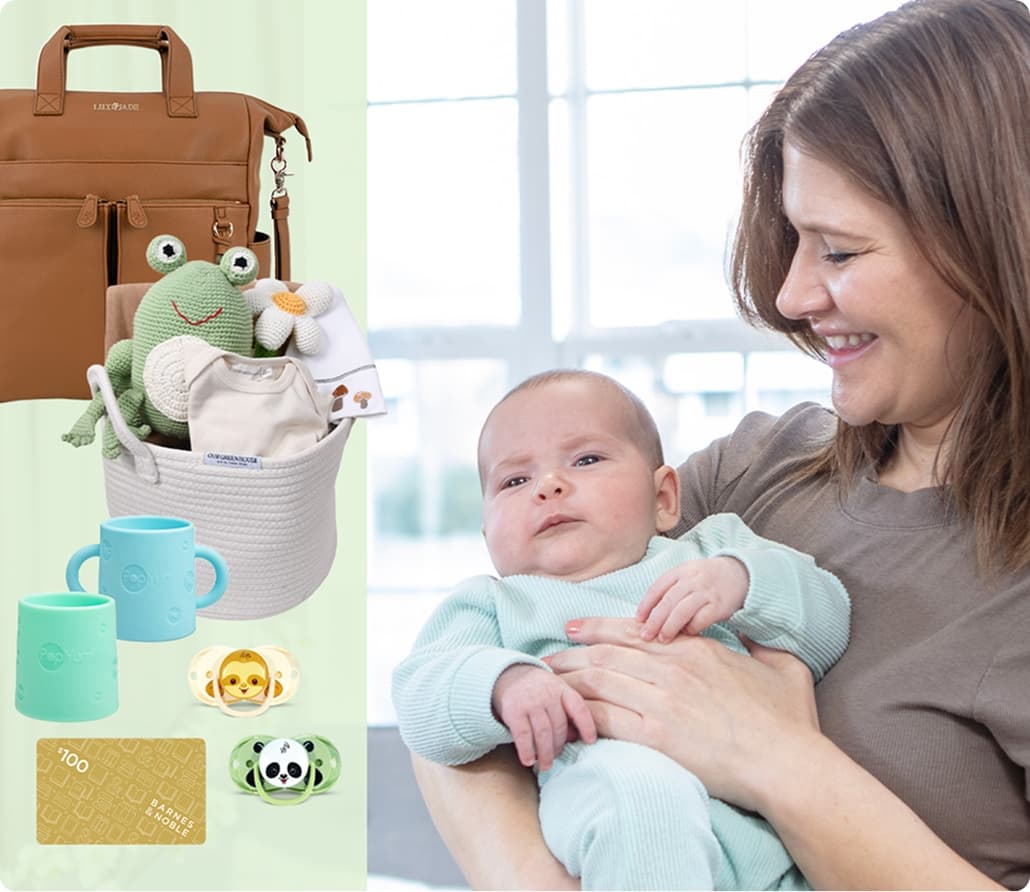 Mom looking at baby with a variety of prizes
